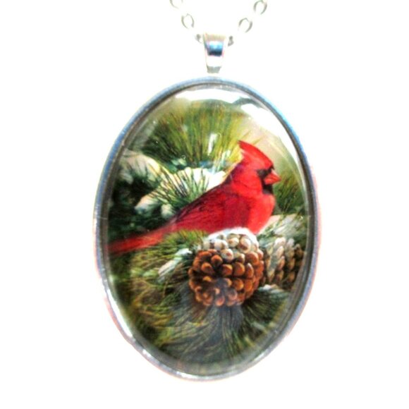 Cardinal Oval Pendant Necklace With Pinecone & Evergreen on 24" Stainless Chain - Picture 1 of 6
